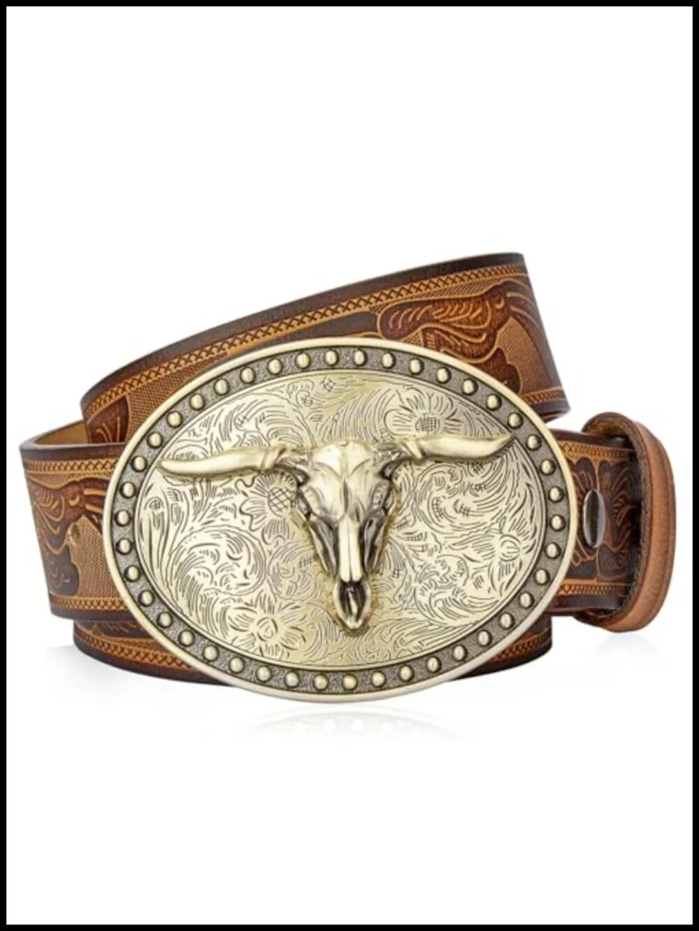 Western Cowboy Leather Belt with Embossed Pattern & Horn Buckle